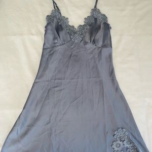 Silvery blue mini slip dress with lace flower detail (silk like material)